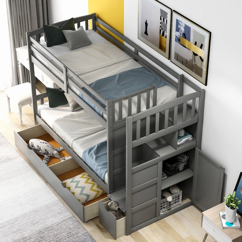 Contemporary Style Twin over Full/Twin Bunk Bed  Convertible Bottom Bed  Storage Shelves and Drawers