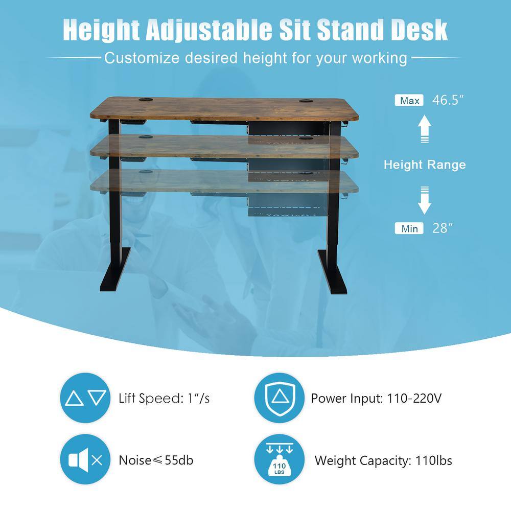 Costway 48 in. Rectangle Rustic Brown Wood Electric Standing Desk Height Adjustable wControl Panel and USB Port JV10210US-CF