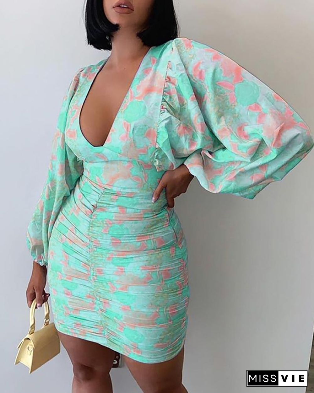 Floral Pattern Print Lantern Sleeve Ruched Bodycon Dress