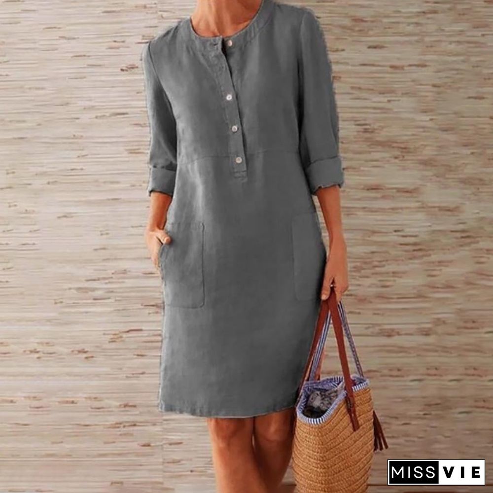 Pure Color Casual Cotton And Linen Round Neck Dress