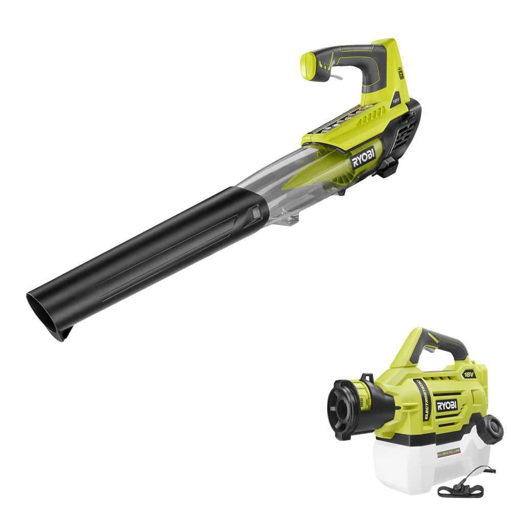 RYOBI ONE 18V 100 MPH 280 CFM Cordless Battery VariableSpeed Jet Fan Leaf Blower and 5 Gal Electrostatic Sprayer