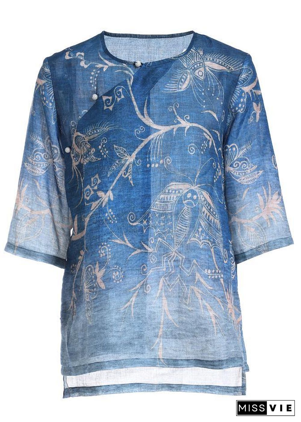 Italian Blue Print Oriental Summer Ramie Shirt Half Sleeve