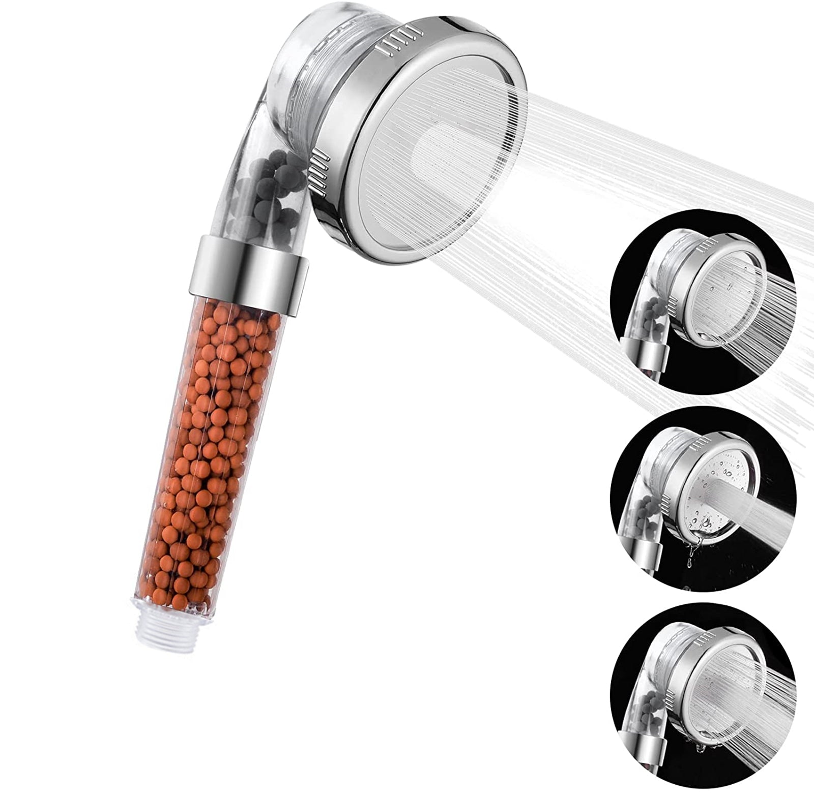 AUSPICIOUS Filtered Shower Head, 3 Settings High Pressure Water Saving Handheld Shower head with Filter Beads, for Hard Water Remove Chlorine and Harmful Substance