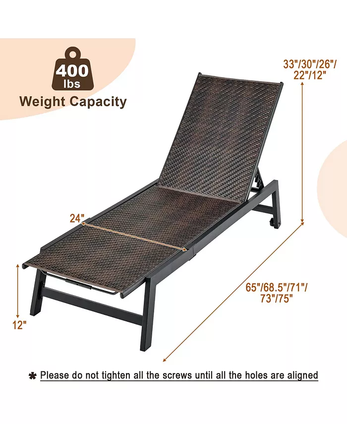 Costway 1PC Patio Galvanized Steel Chaise Lounge with Wheels Outdoor PE Rattan Recliner Chair