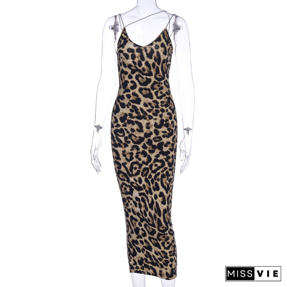 Leopard Print Sleeveless V-neck Sexy Midi Dress Spring Women Fashion Streetwear Christmas Party Outfits