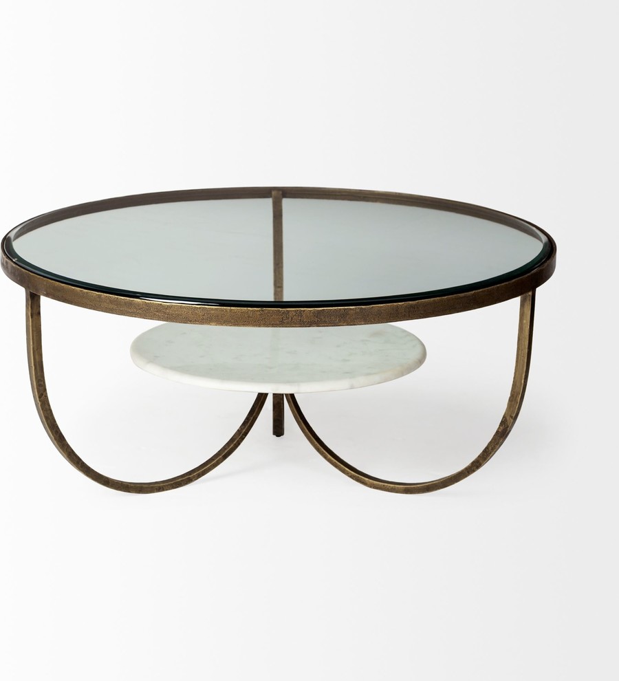 Reinhardt 36 quotRound Glass Top w/Marble Shelf  ampGold Metal Base Coffee Table   Transitional   Coffee Tables   by Mercana  Houzz