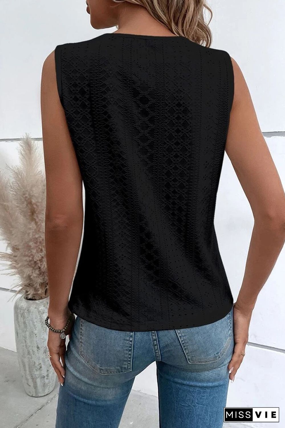 V Neck Jacquard Eyelet Tank Top