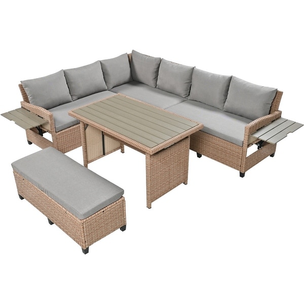 5Piece Outdoor Wicker Patio Conversation Furniture Set with Cushions，Extendable Side Tables，and Dining Table for Backyard