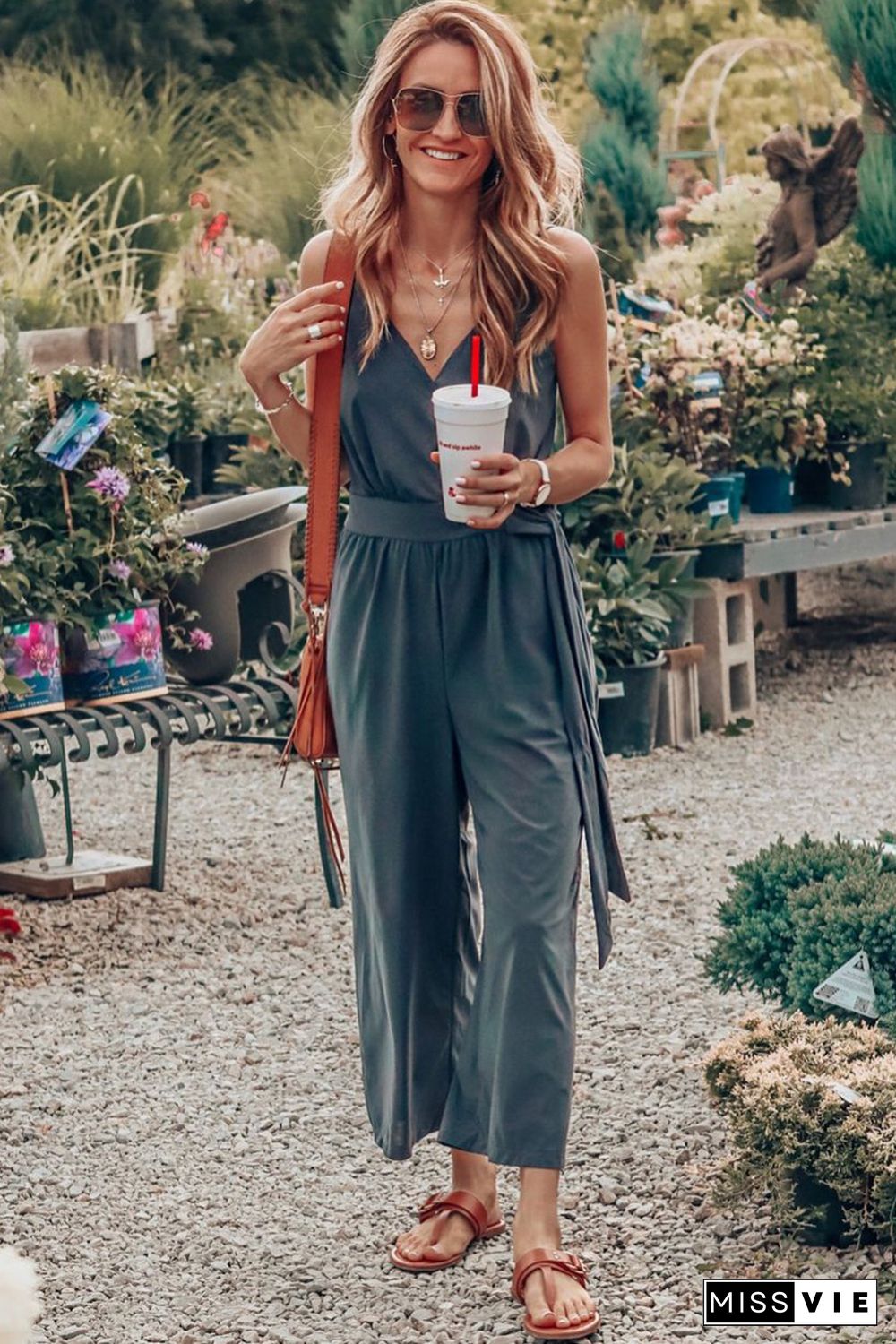 Black Surplice V Neck Wide Leg Jumpsuit