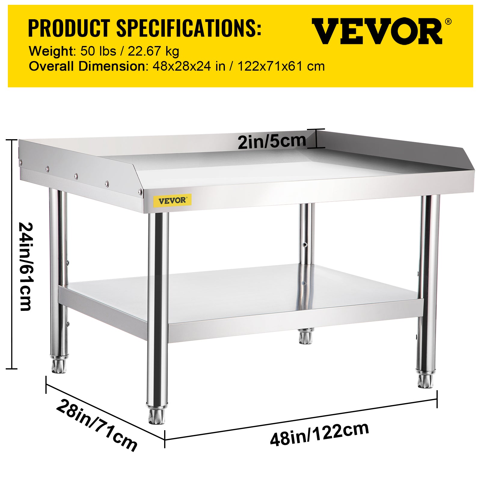 VEVORbrand Stainless Steel Table， 48 x 28 inch， Heavy Duty Workbench with Adjustable Storage Under Shelf and Table Feet， Commercial Equipment Stand for Hotel， Restaurant and Home Kitchen