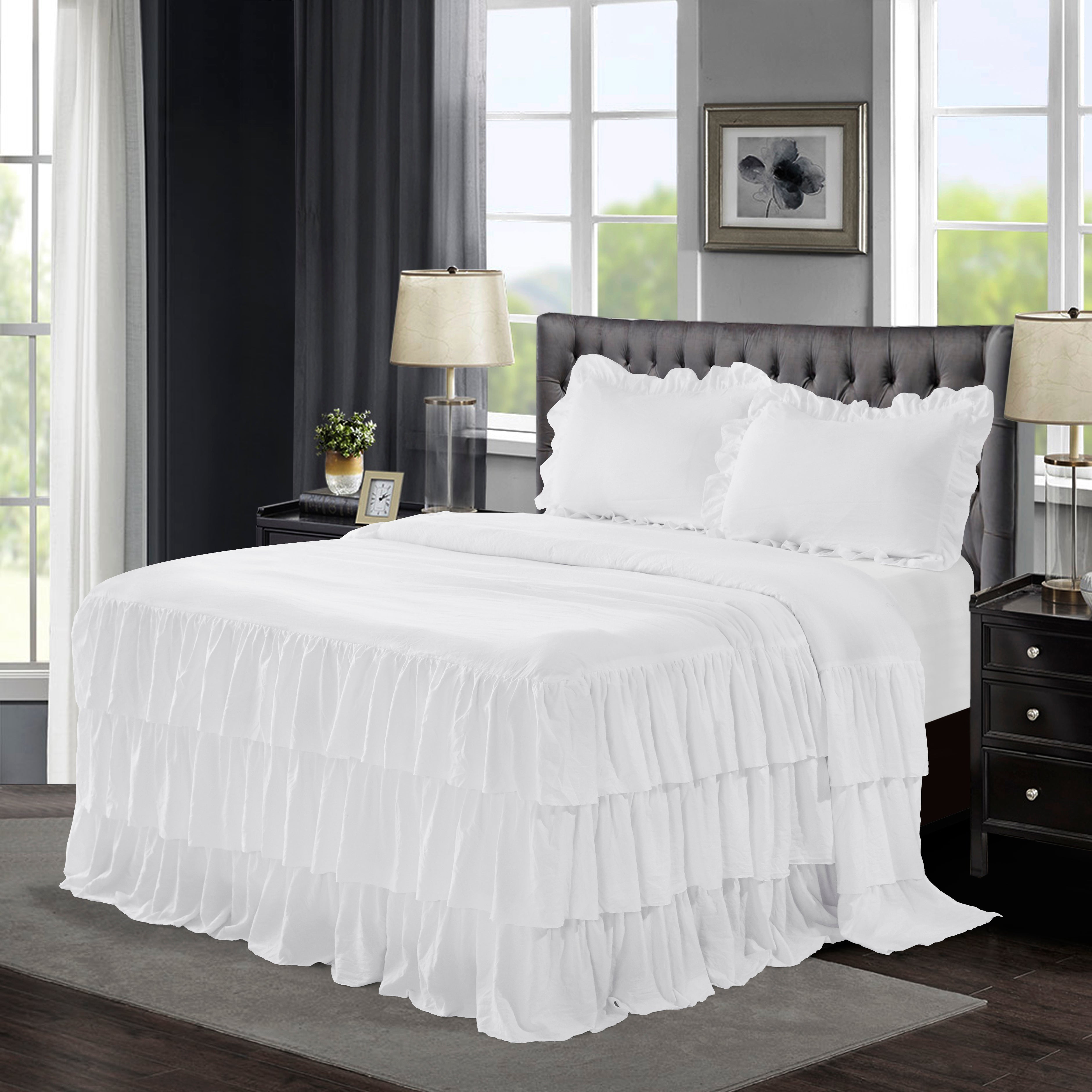 Ruffle Skirt Bedspread Three Layers Design Chic Style Bedding Set