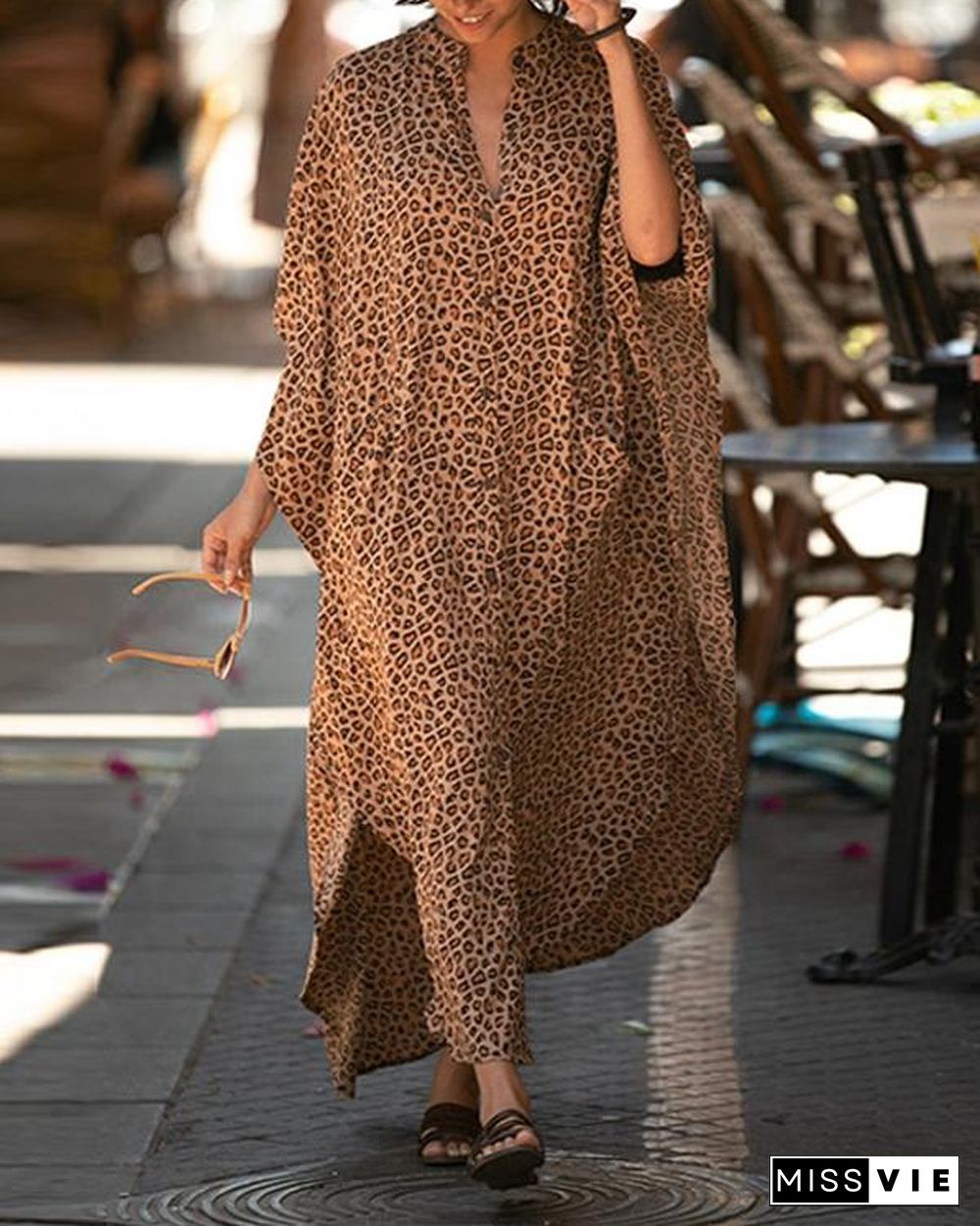 Leopard Pocketed Button Front Side Slit Sleeved Maxi Cover Up