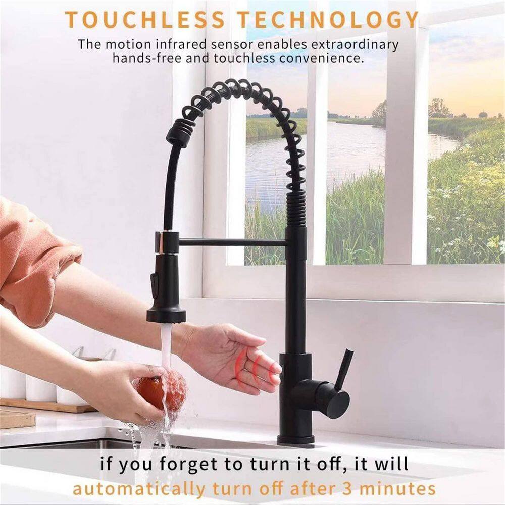 FLG 1-Handle Touchless Kitchen Sink Faucet with Pull Down Sprayer Commercial Kitchen Faucets Hand Free Taps Matte Black CC-0011-MB