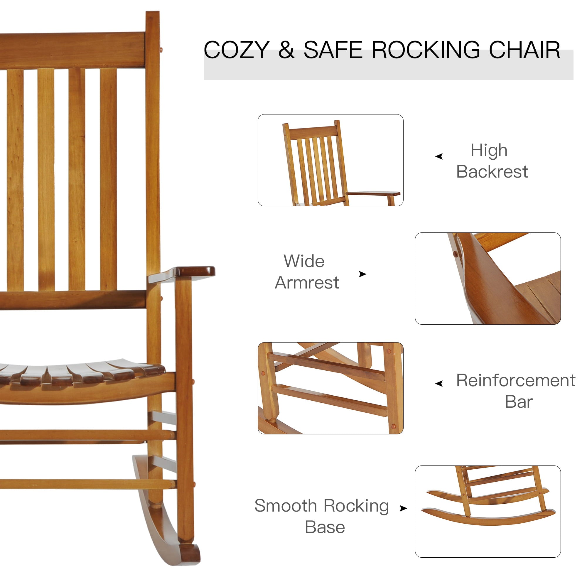 Outsunny Outdoor Rocking Chair, Wooden Rustic High Back All Weather Rocker, Slatted for Indoor, Backyard & Patio, Natural