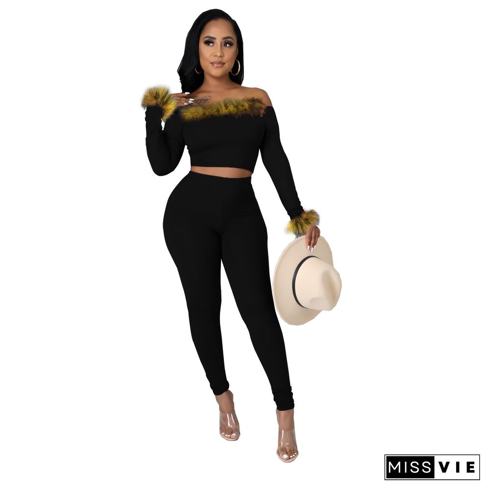 Furry Patchwork Off Shoulder Crop Top Pants Set