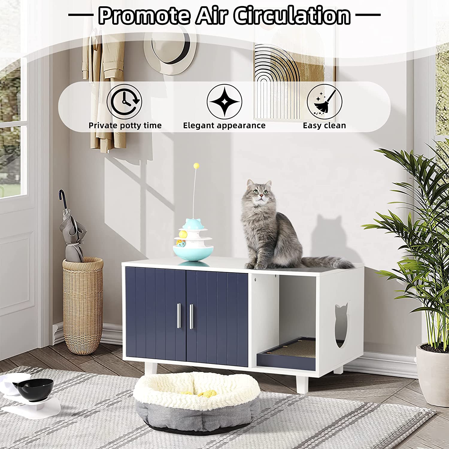 KIGOTYCat Litter Box Enclosure， Cat Litter Box Furniture Hidden Cat Washroom Furniture House Table Nightstand with Cat Scratch Pad，， White Blue