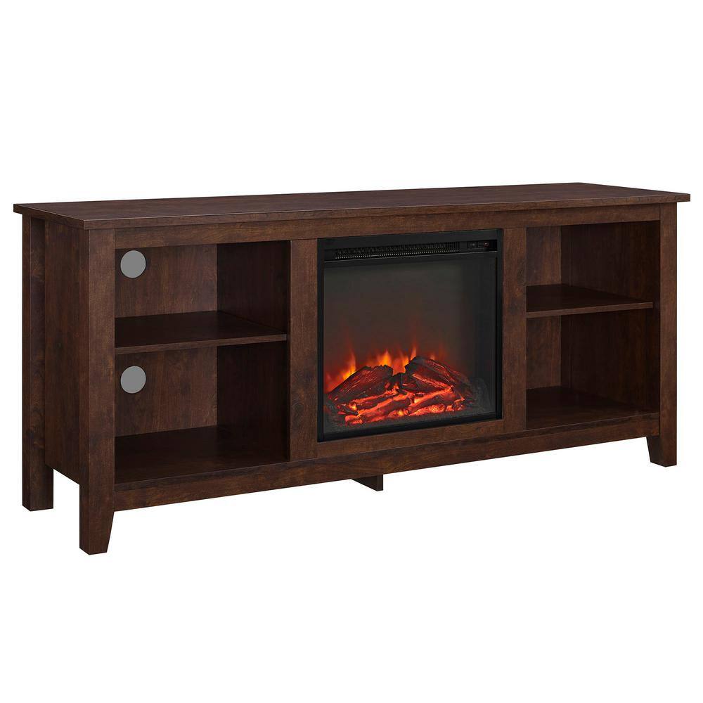 Walker Edison Furniture Company Essential 58 in. Brown TV Stand fits TV up to 60 in. with Adjustable Shelves Electric Fireplace HD58FP18TB