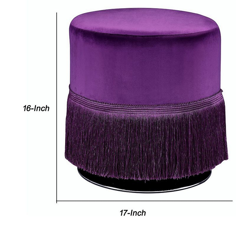 Fabric Upholstered Round Ottoman with Fringes and Metal Base， Purple