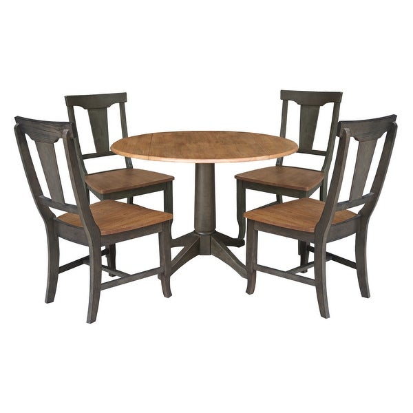 42 in. Round Dual Drop Leaf Dining Table with 4 Panel Back Chairs in Hickory/Washed Coal - 5 Piece Set