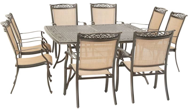 Hanover Fontana 9-Piece Outdoor Dining Set In Tan/Bronze With 8 Sling Dining Chairs and 60 Square Cast Table