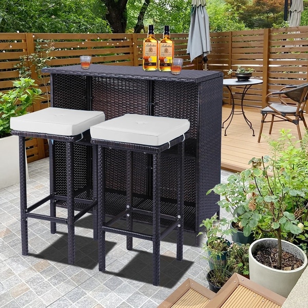 3 Piece Patio Bar Set，Outdoor Bar Table and Chairs Set for 2，Tiki Wicker Bar Table Set with Stools and Removable Cushions