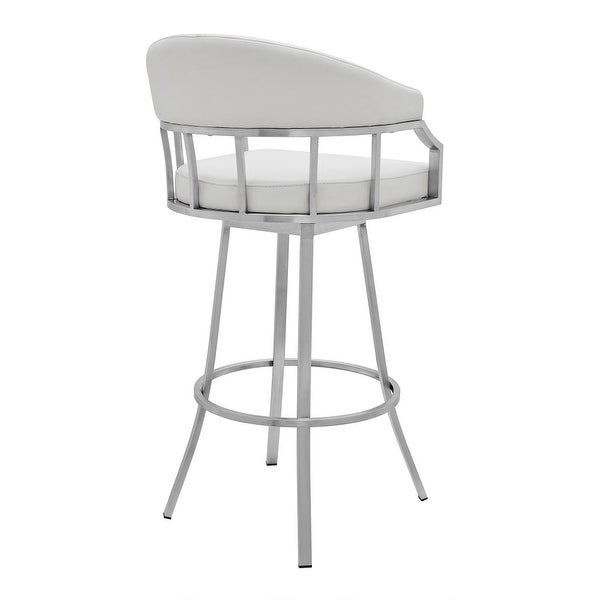 Myla 30 Inch Swivel Barstool， Slatted Back， Curved Slope Arms， Steel， White - 21L x 21W x 40H