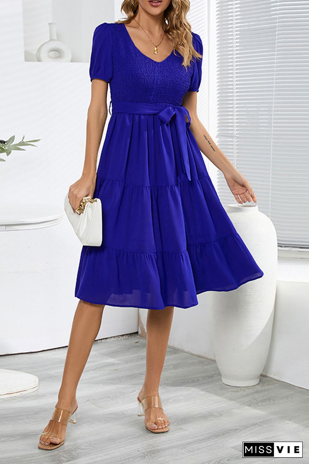 Plain V Neck Smocked Puff Tiered Midi Dress