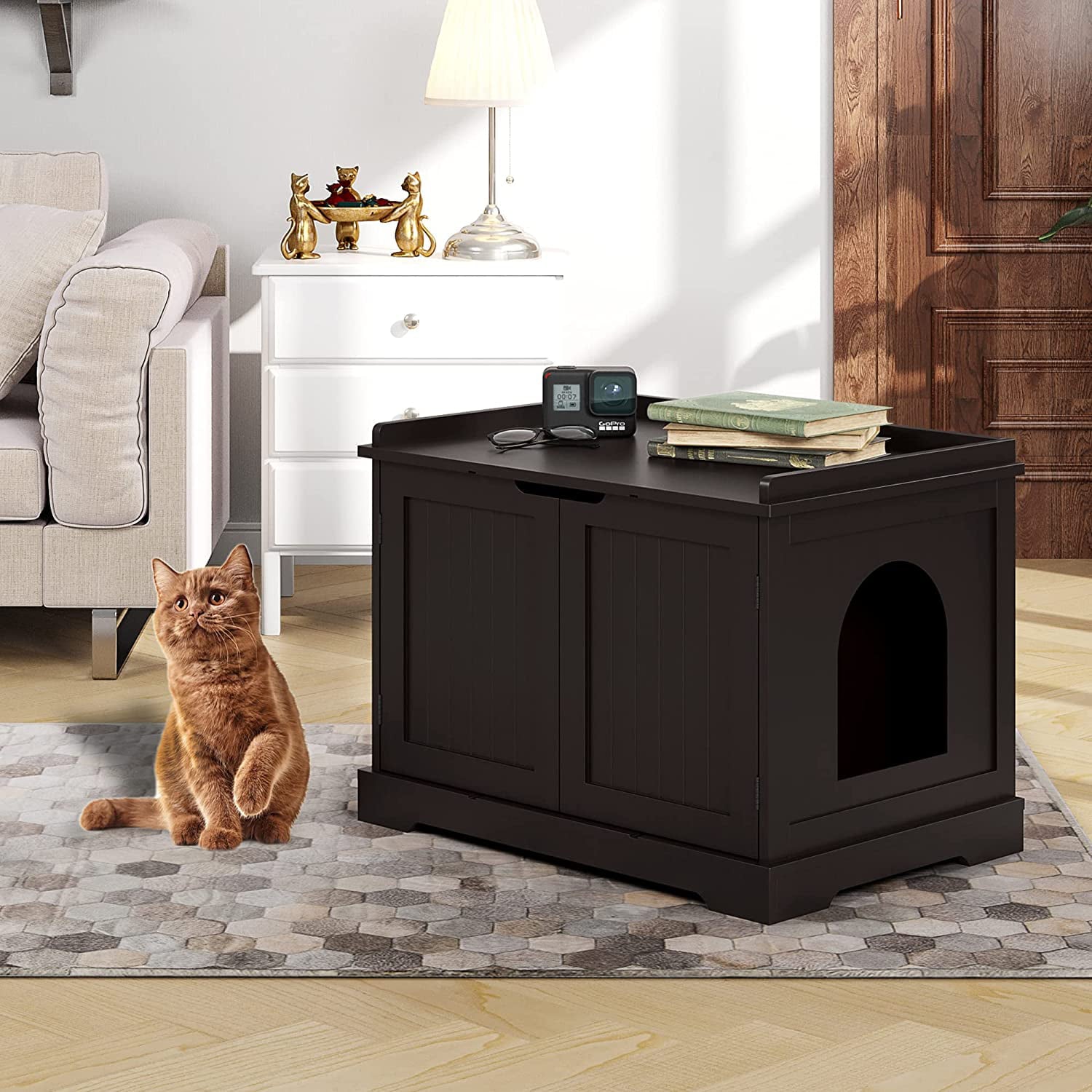 HOMEFORT Cat Litter Box Enclosure， Cat House Indoor Hidden， Cat Washroom Storage Bench， Pet Crate Modern Wooden Cabinet， Kitty Condo Cat Home， Espresso