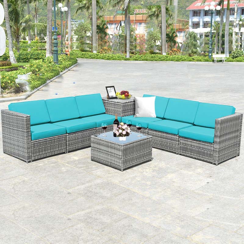 8 Pcs Rattan Patio Sectional Sofa Couch Set Outdoor Wicker Furniture Set with Storage Table & Cushions