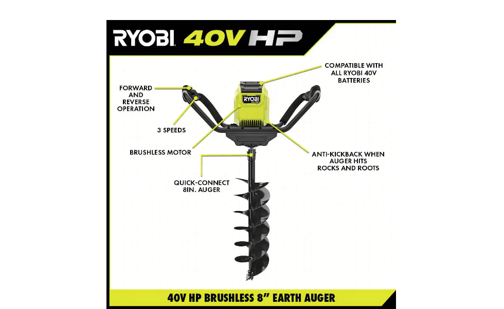 RYOBI RY40710VNM 40V HP Brushless Cordless Earth Auger with 8 in. Bit with 4.0 Ah Battery and Charger