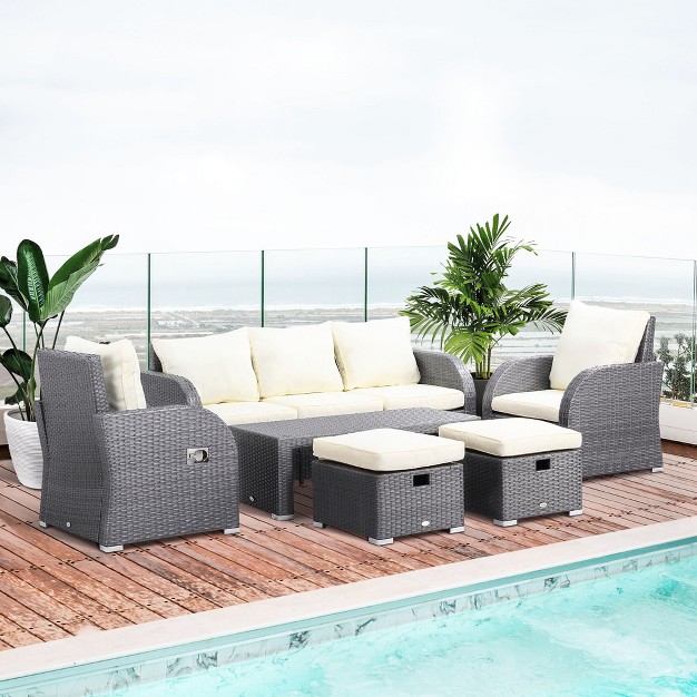 Outsunny 6 piece Outdoor Rattan Patio Sectional Sofa Set With 3 seat Couch 2 Recliners 2 Ottoman Footrests Coffee Table Conversation Set