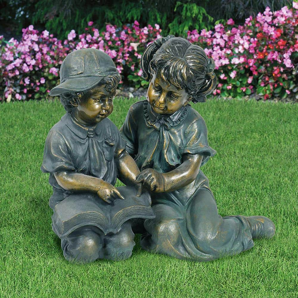 Alpine Corporation 2-Piece Indoor/Outdoor Girl and Boy Reading Statue Set Yard Art Decoration GXT258A