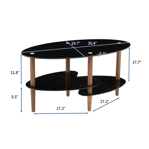 3-layer Modern Oval Glass Coffee Table with Oak Wood Legs