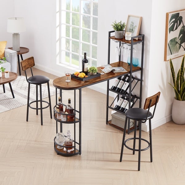 Bar Table and Stool Set with 2 Bar Stools and Bottle Holder， Multifunctional High Bar Table with Space for 8 Bottles and 9 Glasses