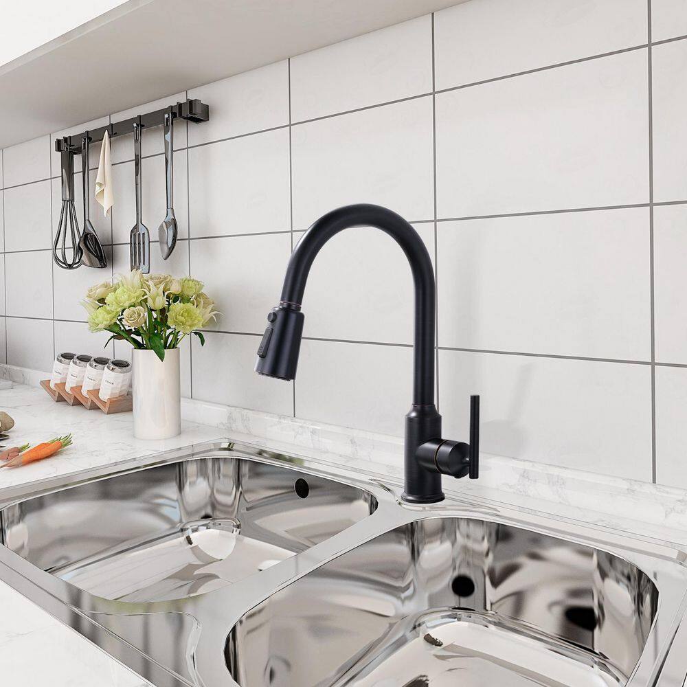 WOWOW Single-Handle Pull-Down Sprayer Kitchen Faucet with PowerSpray and Temperature Control in Oil Rubbed Bronze 2312701RB-AMUS