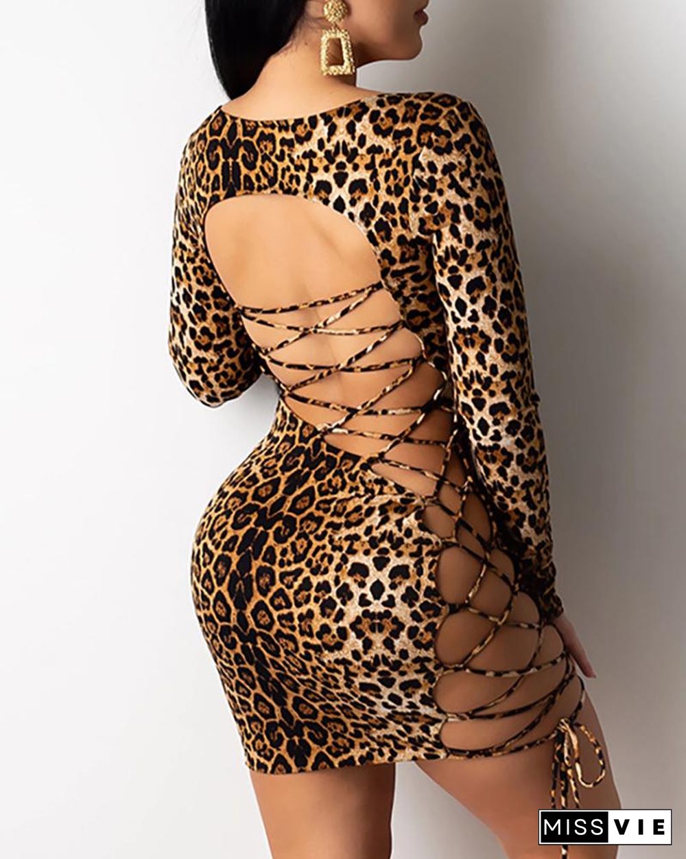 Leopard Print Backless Lace-Up Bodycon Dress