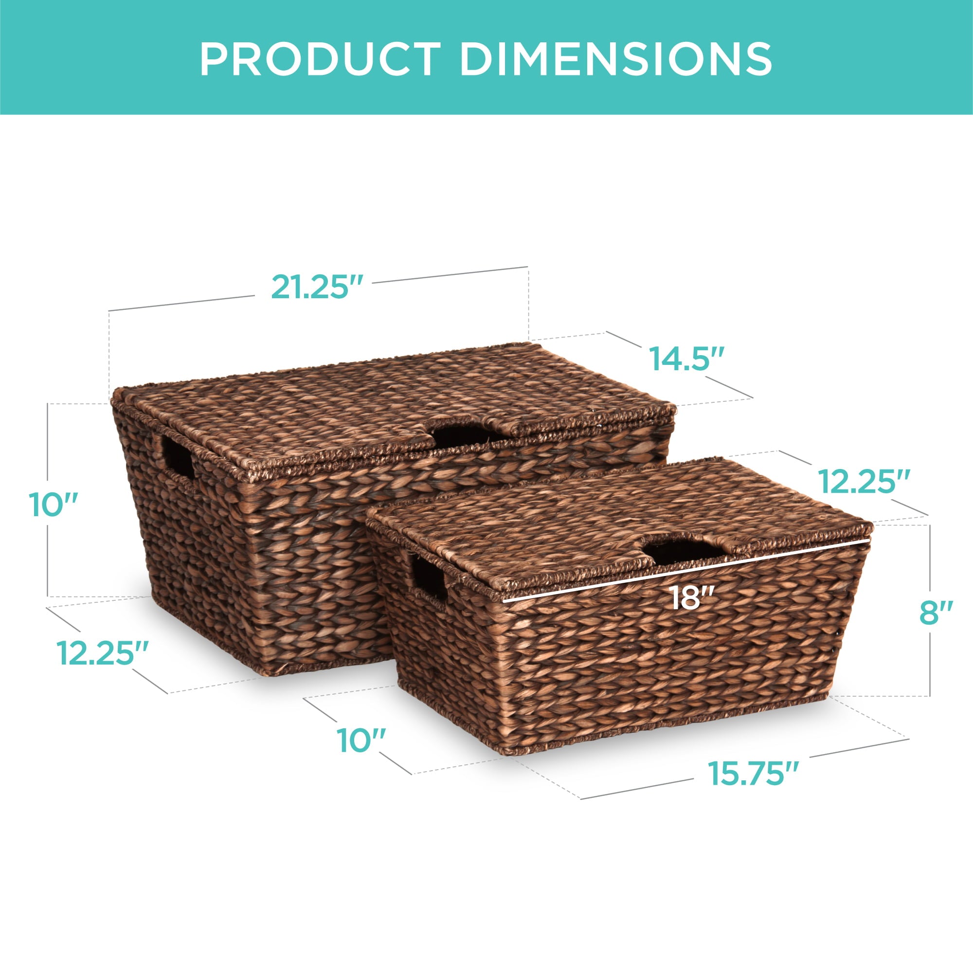 Best Choice Products Set of 2 XL Water Hyacinth Woven Tapered Storage Basket Chests w/ Attached Lid, Handle Hole