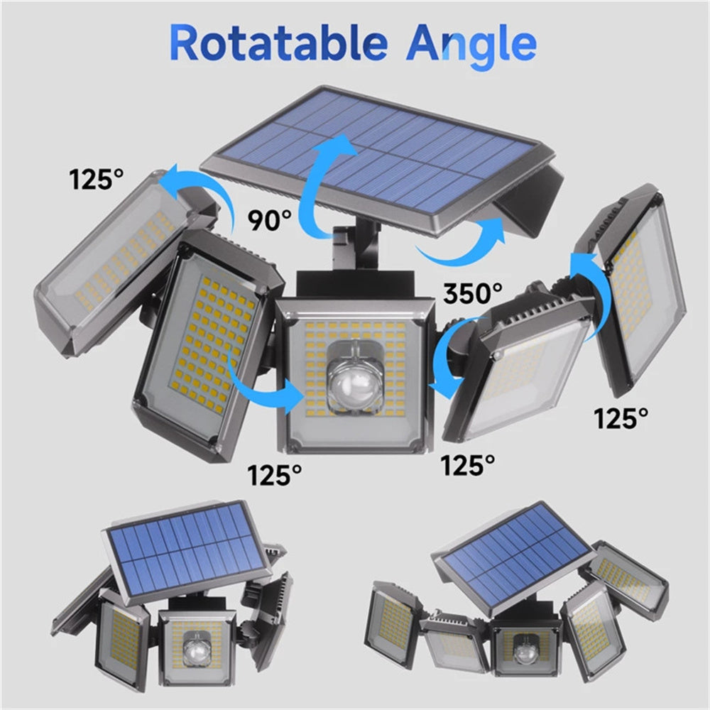 Solar Lights Outdoor 300 LED 7000K Motion Sensor Lights， Bright Solar Flood Lights Waterproof 270° Wide Angle Illumination， 5 Heads Solar Security Wall Lights for Garage Yard Patio