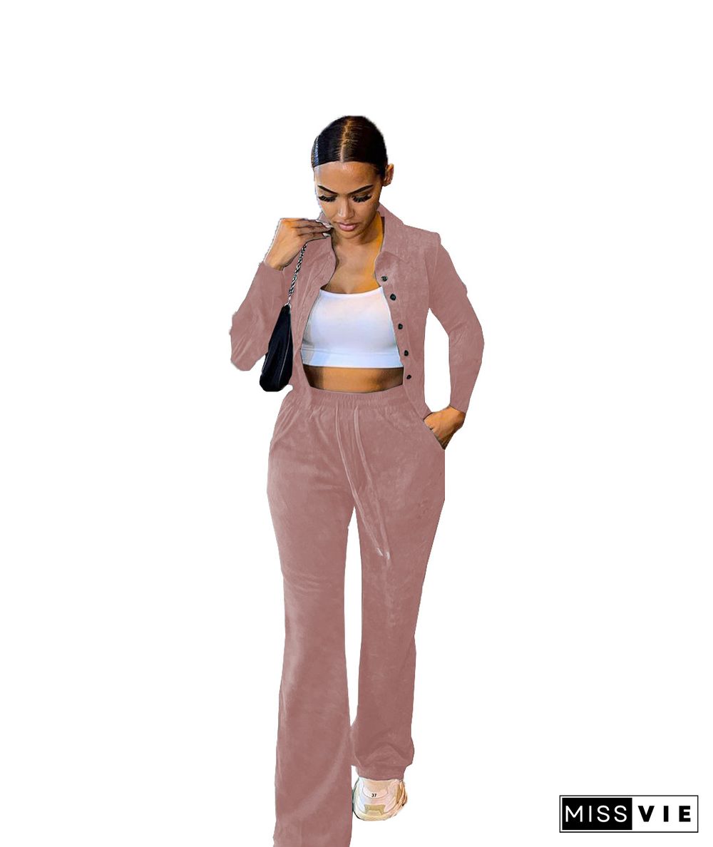 Velvet Button Crop Jacket Joggers Pants Set