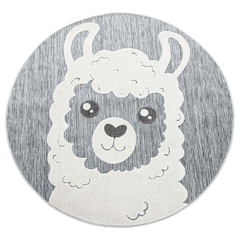 Round Kids Rug Llama Motif with Contour Cut in Mottled Grey