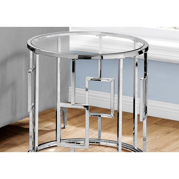 Accent Table， Side， End， Nightstand， Lamp， Living Room， Bedroom， Metal， Tempered Glass， Chrome， Clear， Transitional