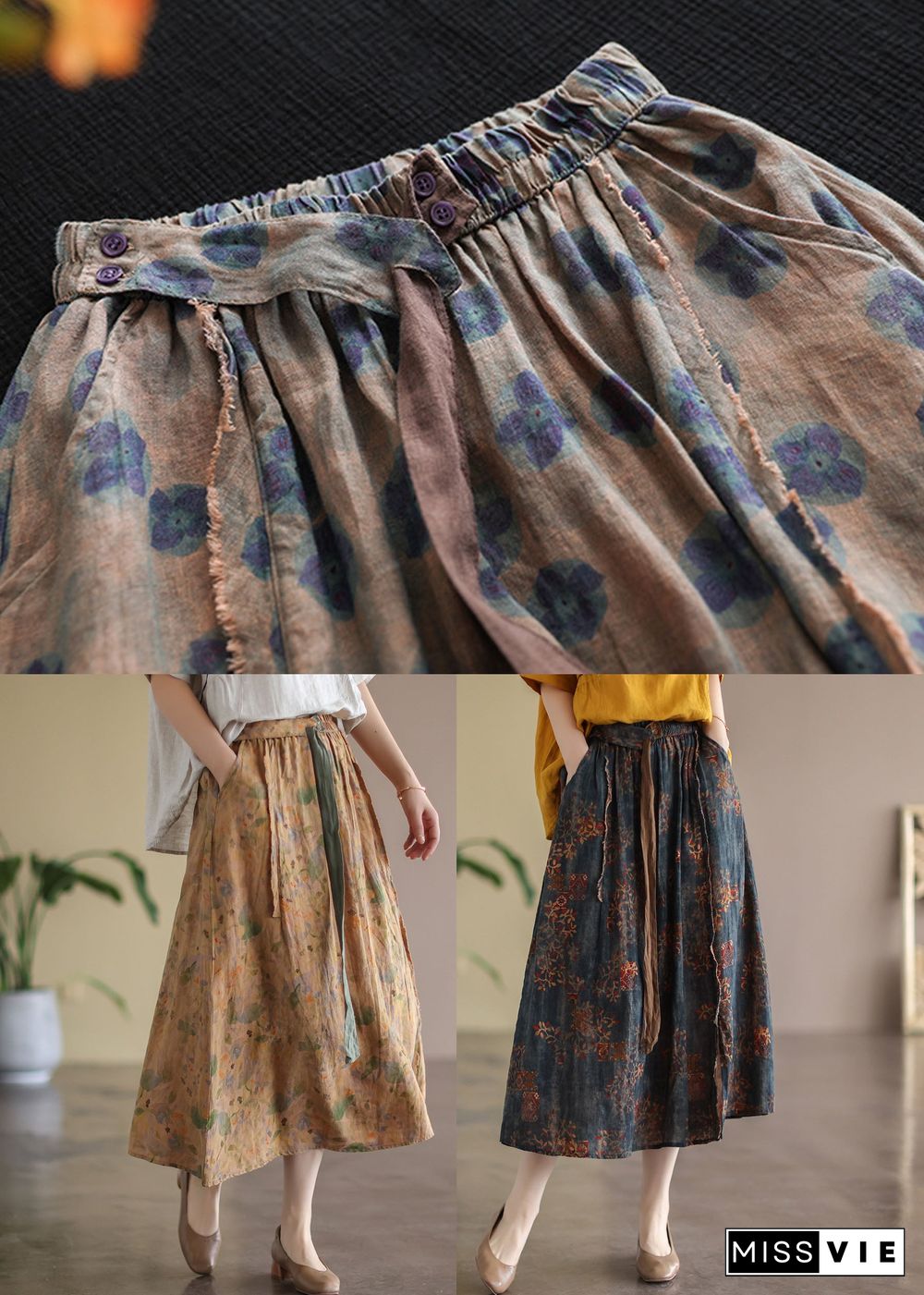 Navy Patchwork Linen A Line Skirts Oversized Spring