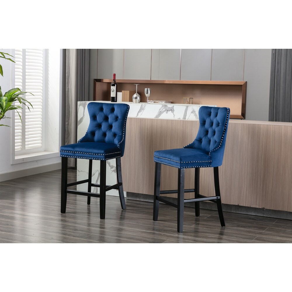 Oaks Aura Contemporary Velvet Upholstered Barstools Leisure Style Bar Chairs Wood Bar Stools  Set of 2