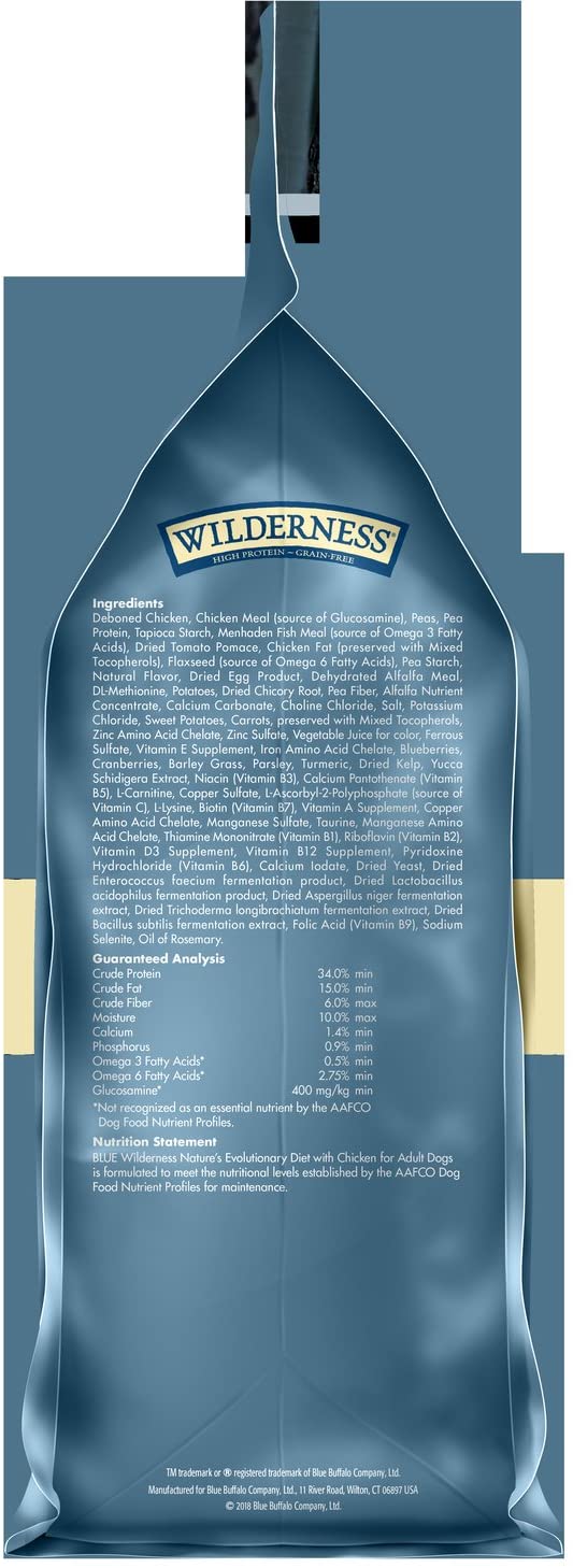 Blue Buffalo Wilderness High Protein， Natural Adult Dry Dog Food， Chicken 4.5-lb