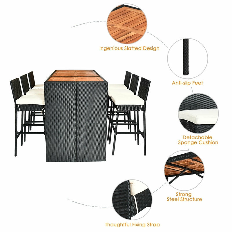 7 Pcs Rattan Patio Bar Set Dining Table Set with Acacia Wood Tabletop & Bar Stools, Soft Cushions