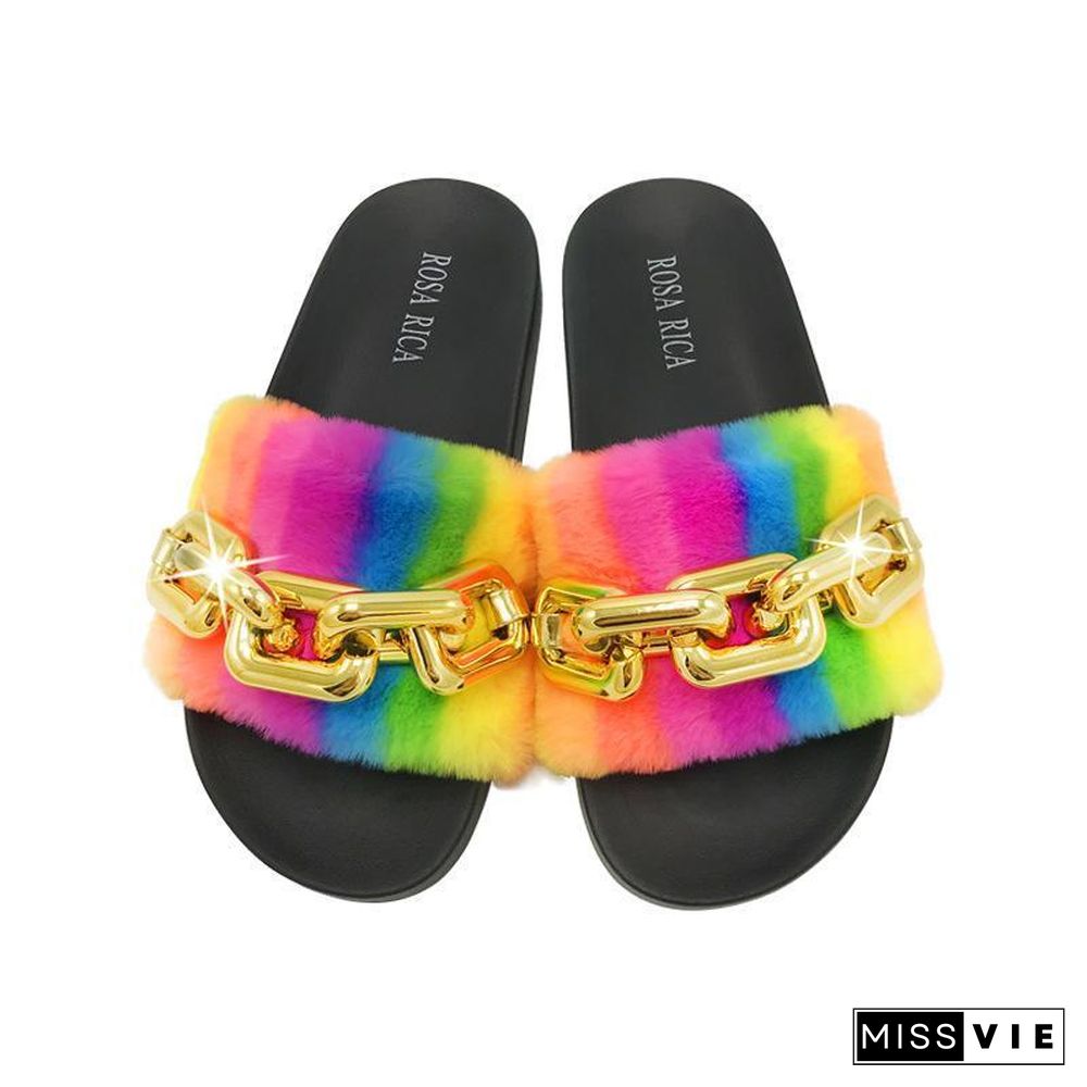 Summer Chic Fluffy Rainbow Slipper