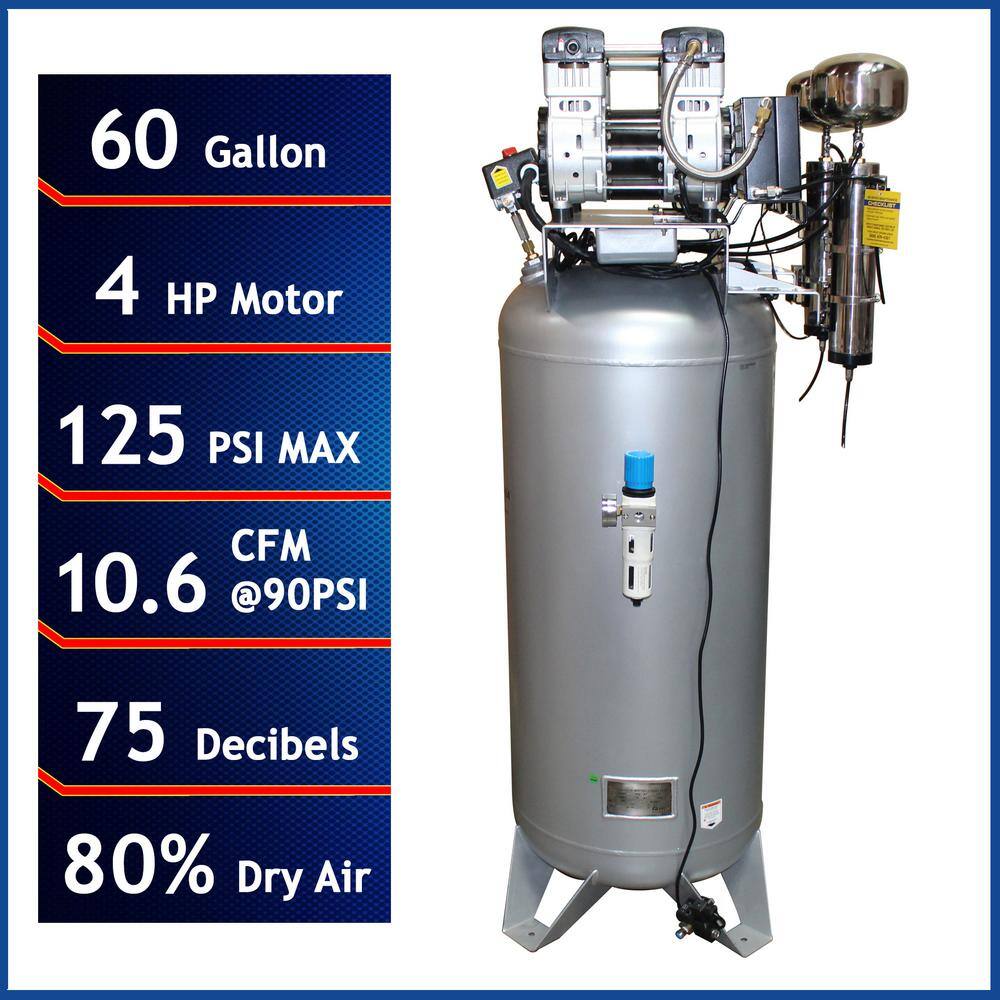 California Air Tools 60 Gal. Stationary Ultra Quiet Oil-Free 4.0 HP Electric Air Compressor with Air Drying System and Automatic Drain Valve 60040DCAD