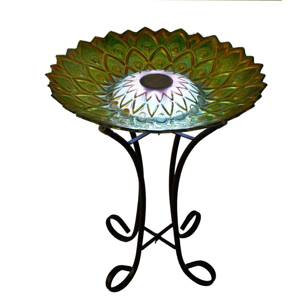 HI-LINE GIFT LTD. 18 in. Solar Peacock Green Geometric Glass Bird Bath with Stand 78415-S