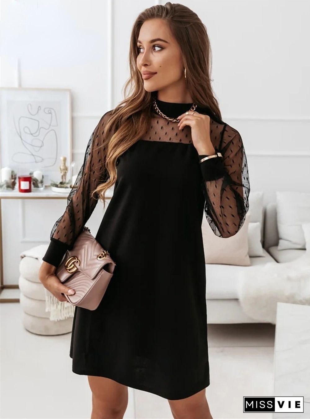 Women's Spring Autumn Dress Mesh Patchwork Design Lace Embellished Sheer Long Sleeve Solid Color Slim Fit Mini Dress