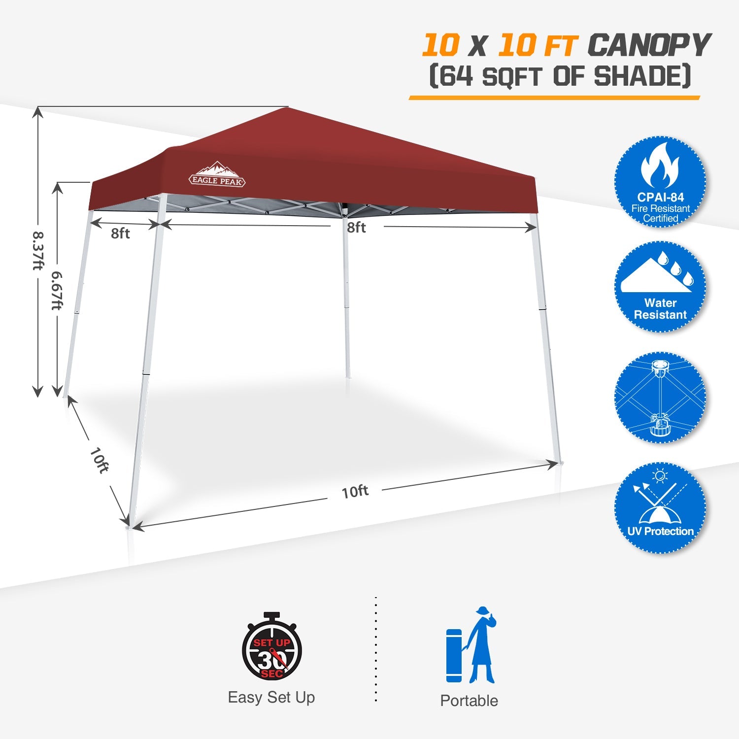 EAGLE PEAK 10' x 10' Slant Leg Pop-up Canopy Tent Easy One Person Setup Instant Outdoor Canopy Folding Shelter with 64 Square Feet of Shade